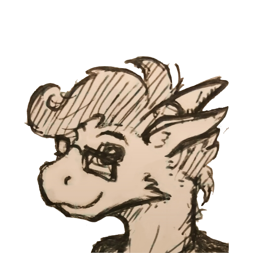 A picture of a grey dragon character with grown hair, glasses, and a smile!